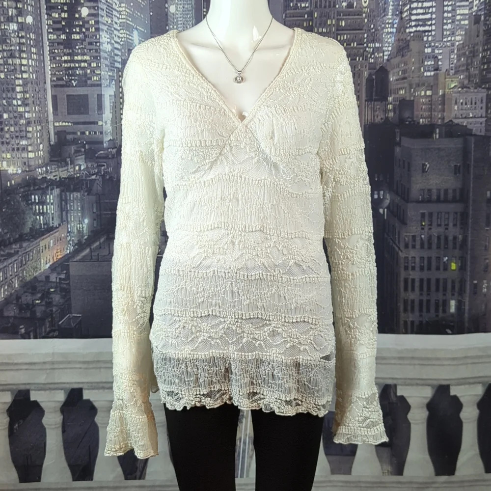 Wrapper sz XL Stunning Vintage Long Sleeve Lined Lace V-Neck Blouse